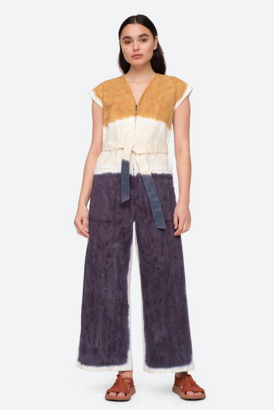 Sea New York Tandi Jumpsuit Womens 2 Tan Blue Block Dye Wide Leg V-Neck Cotton